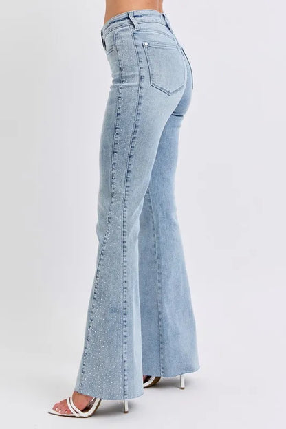Judy Blue Full Size Midi Rise Rhinestone Side Panel Detail Flare Jeans Plus Size LT / 1(25) LT / 5(27) LT / 7(28) LT / 1(25)-LT / 5(27)-LT / 7(28)-LT / 9(29)-LT / 20W-LT / 0(24)-LT / 3(26)-LT / 11(30)-LT / 13(31)-LT / 15(32)-LT / 14W-LT / 16W-LT / 18W-LT / 22W-LT / 24W-