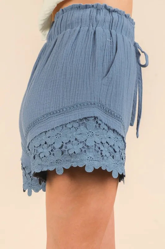 VERY J Lace Contrast Detail Woven Shorts DENIM / S DENIM / M DENIM / L DENIM / S-DENIM / M-DENIM / L-