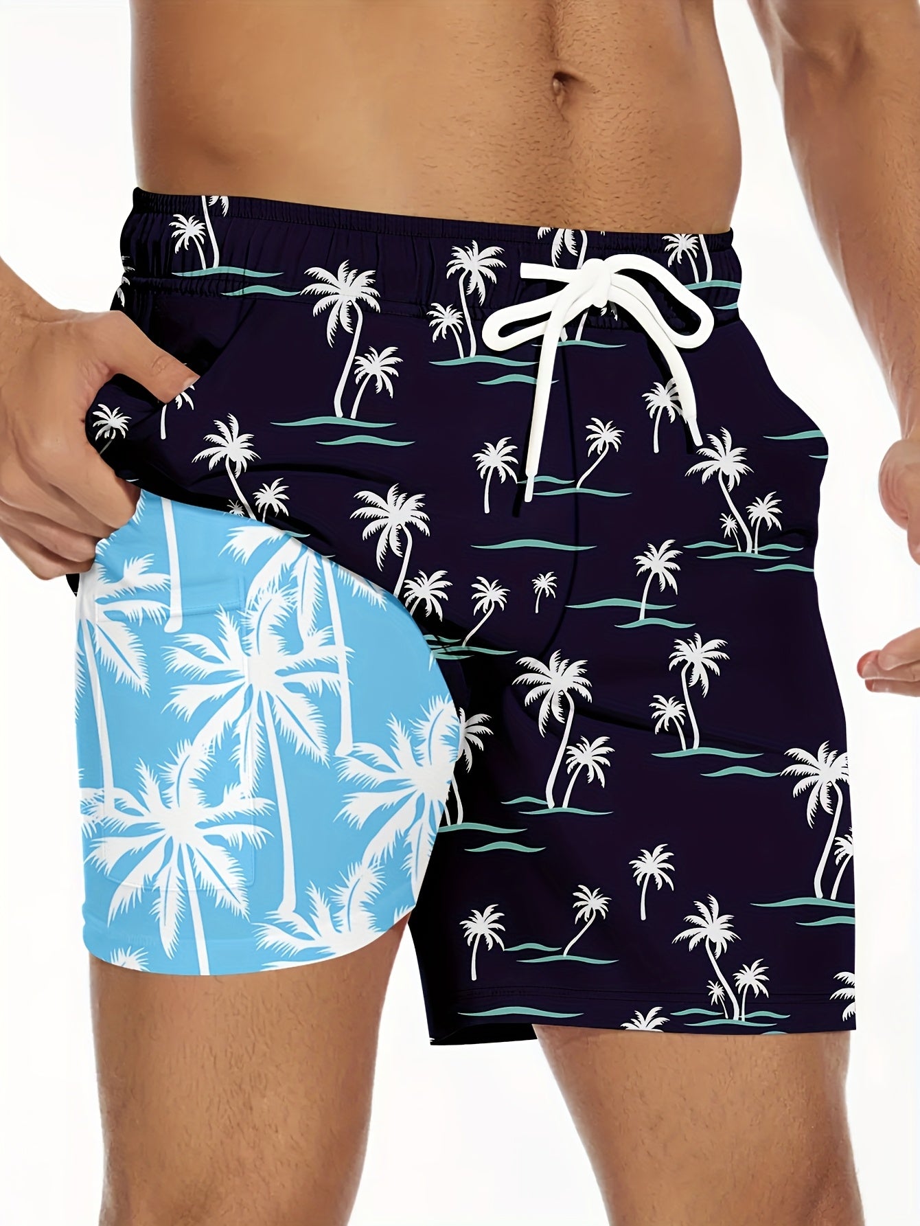 Men'S Summer 2-in-1 Compression Quick-drying Swim Trunks Beach Coconut Tree Print Loose Swim Shorts | Black Lined Blue Lined Side Pockets | Swim Training, Vacation, Casual Stretch, Breathable Beach Pants