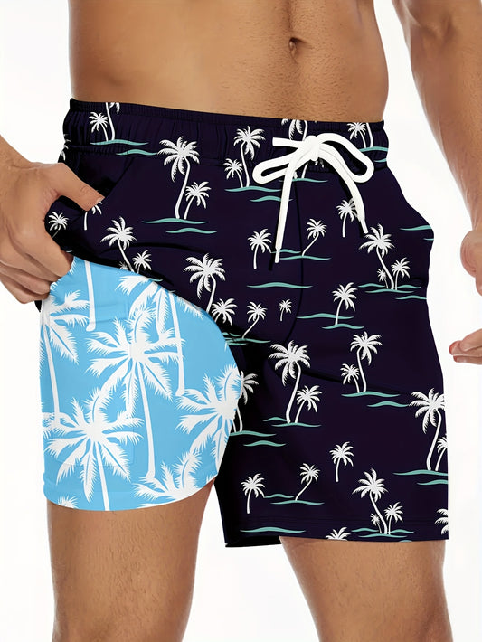 Men'S Summer 2-in-1 Compression Quick-drying Swim Trunks Beach Coconut Tree Print Loose Swim Shorts | Black Lined Blue Lined Side Pockets | Swim Training, Vacation, Casual Stretch, Breathable Beach Pants