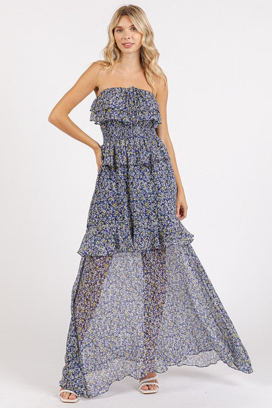 Mittoshop Ruffled Smocked Floral Halter Neck Maxi Dress Dark Navy / S Dark Navy / M Dark Navy / L Dark Navy / S-Dark Navy / M-Dark Navy / L-