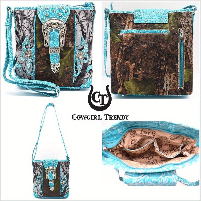 Camouflage Purse with Concho Buckle and Floral Studs Crossbody Handbag Shoulder Bag Wallet Set 4piece Set Black 4piece Set Turquoise 4piece Set Black-4piece Set Turquoise-