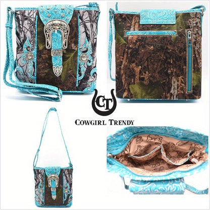 Camouflage Purse with Concho Buckle and Floral Studs Crossbody Handbag Shoulder Bag Wallet Set 4piece Set Black 4piece Set Turquoise 4piece Set Black-4piece Set Turquoise-
