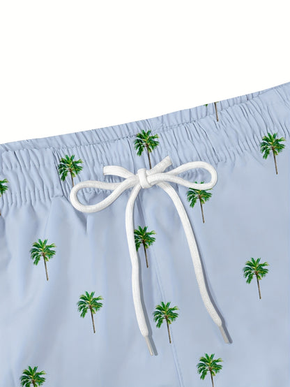 Men's Quick-Dry Swim Trunks with Pockets - 2-in-1 Design, Coconut Tree & Camo Print, Drawstring Waist