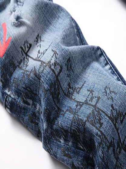 Men'S Ripped Letter Print Stretch Straight Slim Patchwork Jeans Comfortable Indigo / 30 Indigo / 32 Indigo / 34 Indigo / 30-Indigo / 32-Indigo / 34-Indigo / 36-Indigo / 38-
