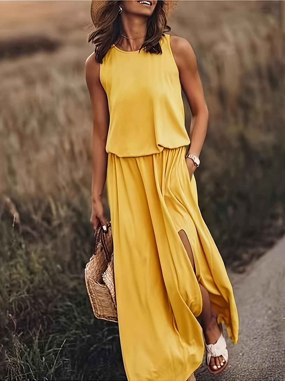 Solid Color Crew Neck Tank Dress, Casual Sleeveless Split Dress For Spring & Summer, Women's Clothing - Fashionqueene.com