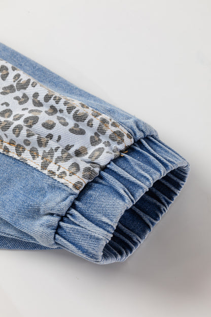 Beau Blue Leopard Patchwork Flap Detail Plus Size Denim Jacket