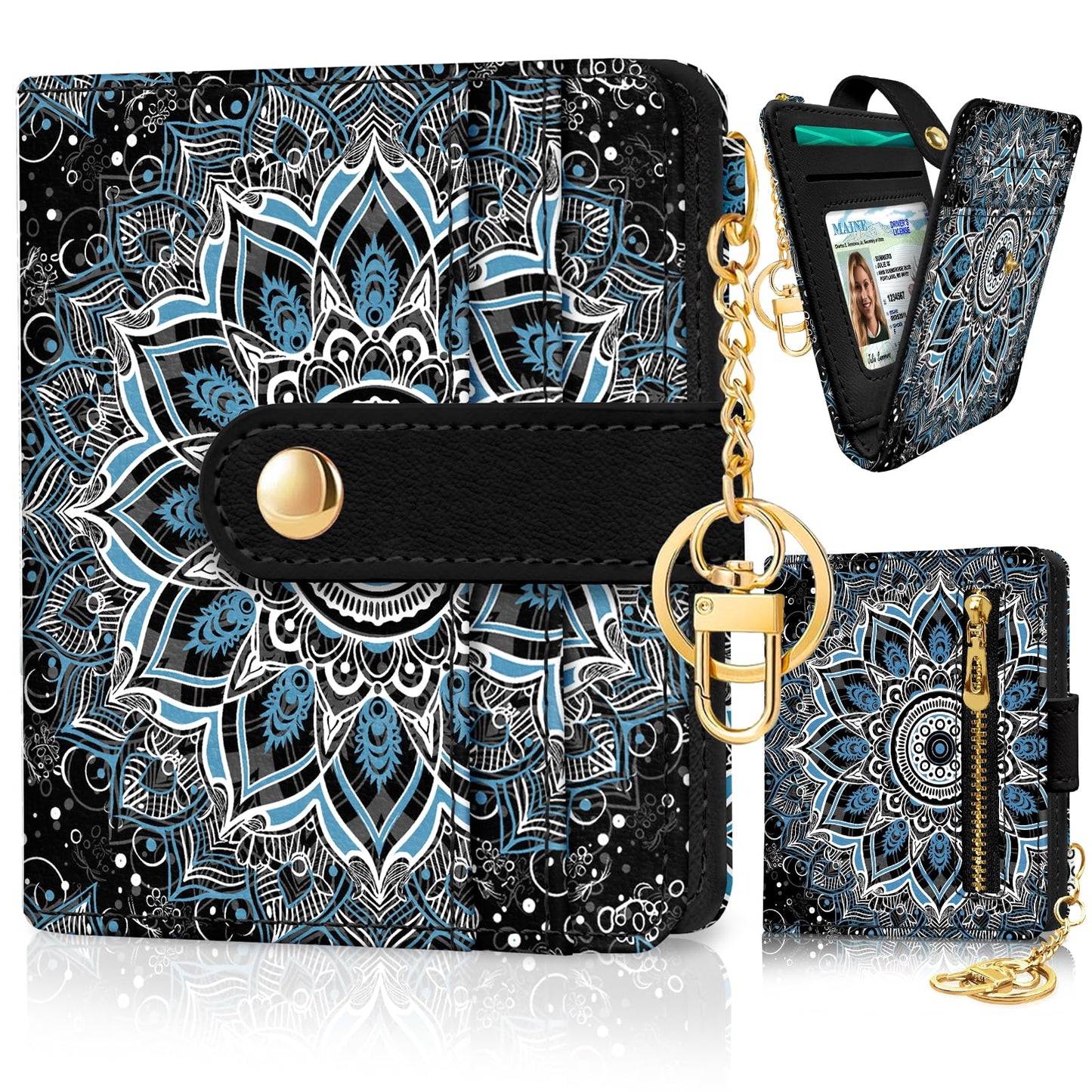 Black Cat Floral Rfid Women Wallet, Small Slim Thin Credit Card Wallet, PU Leather Bifold Cash Zipper Coin Pocket ID Window for Female Ladies Teen Girls Girly