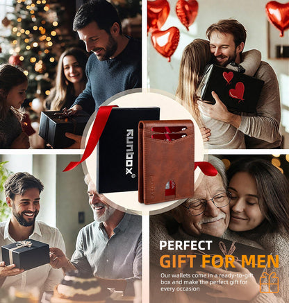 RUNBOX Wallet for Men Slim Rfid Leather 2 ID Window With Gift Box