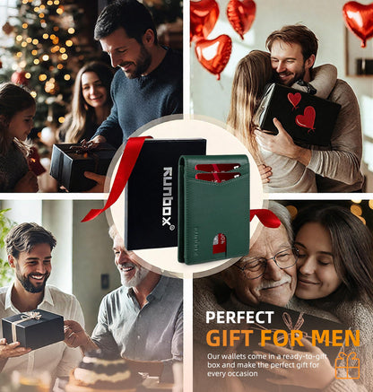 RUNBOX Wallet for Men Slim Rfid Leather 2 ID Window With Gift Box
