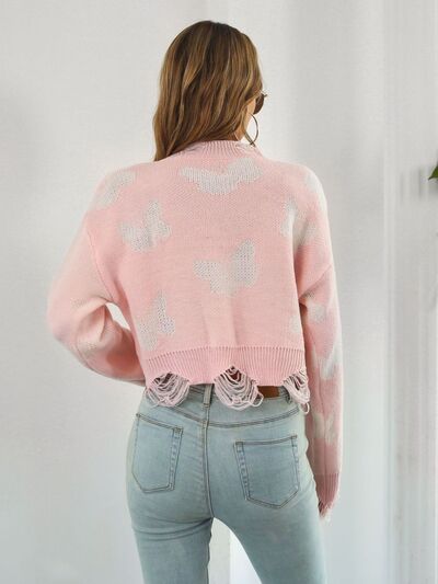 Distressed Butterfly Cropped Sweater White / S White / M White / L White / S-White / M-White / L-Black / S-Black / M-Black / L-Blush Pink / S-Blush Pink / M-Blush Pink / L-