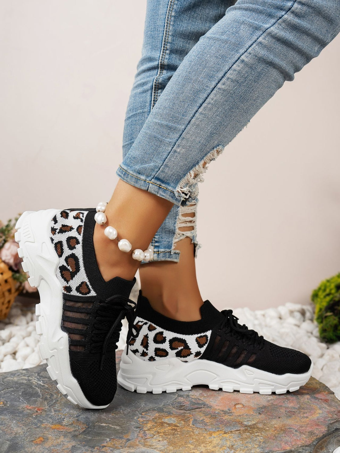 Cutout Leopard Lace Up Mesh Athletic Black