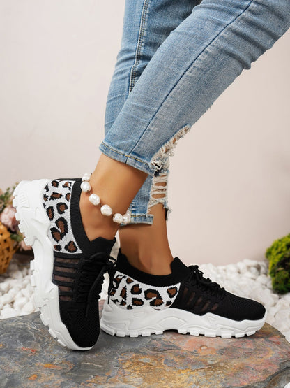 Cutout Leopard Lace Up Mesh Athletic Black