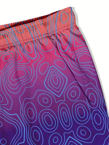 Men'S Breathable Quick-dry Swim Trunks Sport Style With Elastic Vibrant Gradient Colors, Adjustable Drawstring Waistband, Dual Pockets