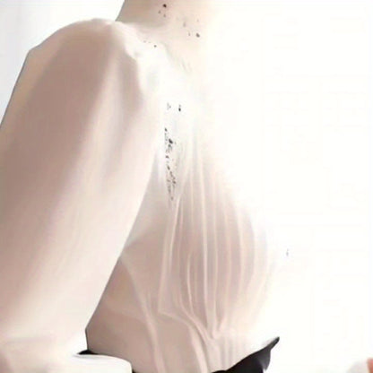 [Elegant Hollow Puff Sleeves Shirt] Fashion Women'S Shirt T-shirt Advanced Sense Of Luxury Elegant Fashion White Hollow Puff Sleeves Ruffled Turtleneck Shirt Top Female Design Sense.
