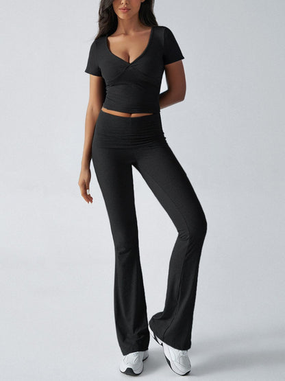 Devine Short Sleeve Top and Bootcut Legging Set Dark Blue / M Dark Blue / L Dark Blue / XL Dark Blue / M-Dark Blue / L-Dark Blue / XL-Black / S-Black / M-Light Gray / S-Black / L-Black / XL-Light Gray / M-Light Gray / L-Light Gray / XL-Blush Pink / S-Blush Pink / M-Blush Pink / L-Blush Pink / XL-Dark Blue / S-