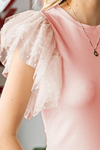Ruffled Round Neck Cap Sleeve Blouse Blush Pink / M Blush Pink / L Blush Pink / XL Blush Pink / M-Blush Pink / L-Blush Pink / XL-Black / S-Black / M-Black / L-Black / XL-White / S-White / M-White / L-White / XL-Blush Pink / S-