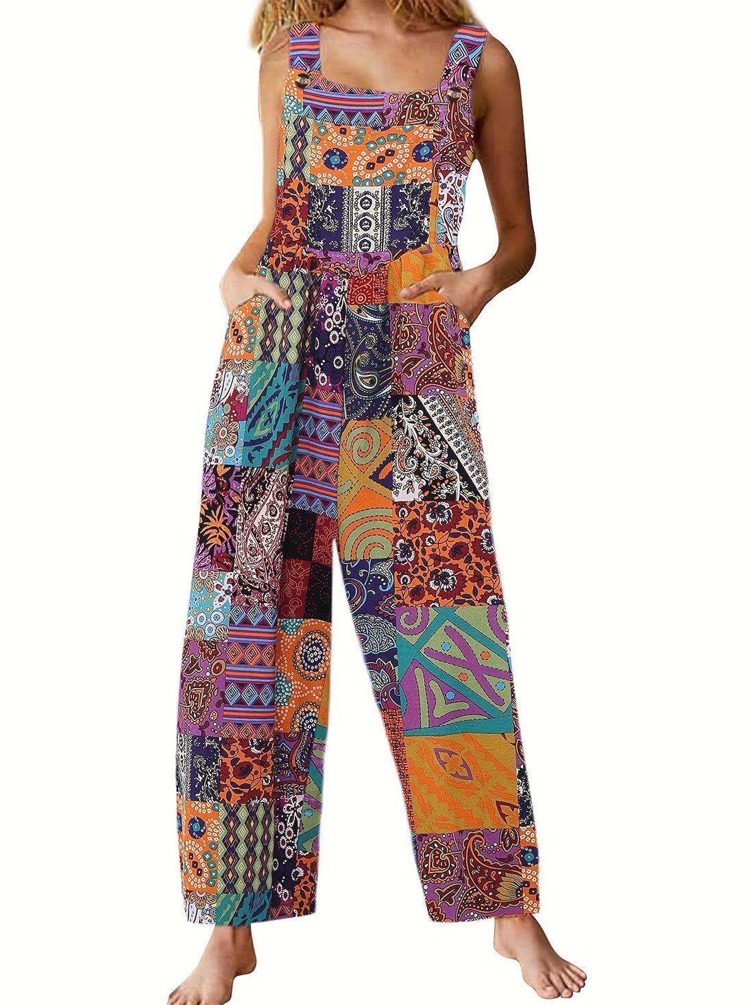 Tribal Print Wide Leg Culottes Jumpsuit with Pockets - Soft Cotton, Off the Shoulder, Sleeveless, Micro Elasticity, Casual Style for Summer - Womens Comfy Square Neck Clothing - Fashionqueene.com