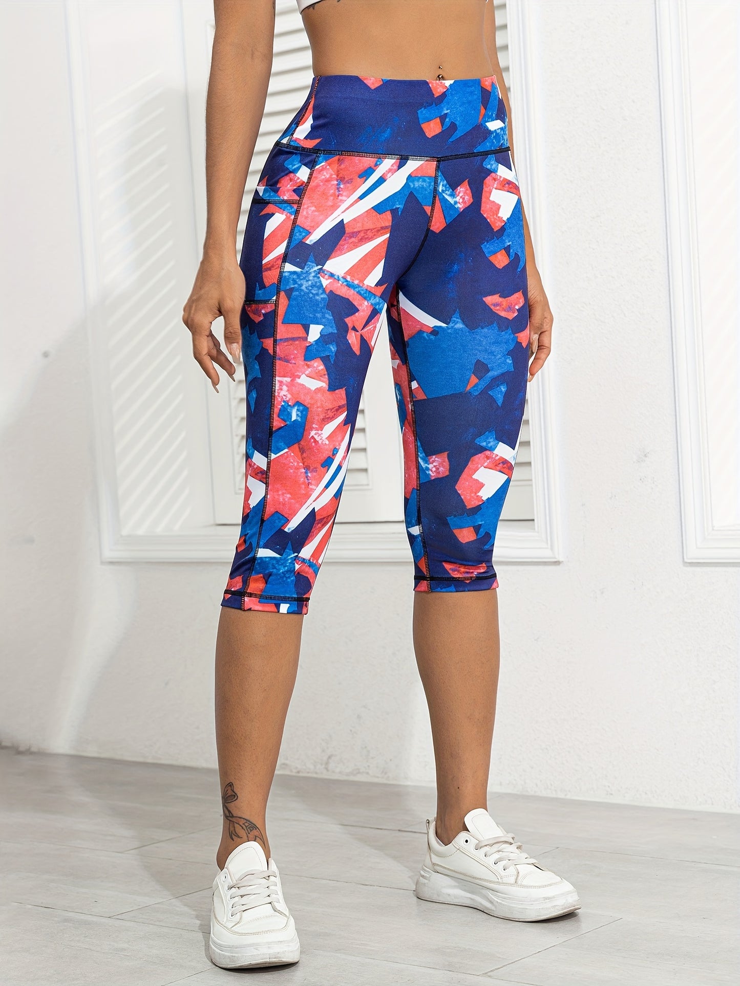 Sports Fitness Yoga Running Leggings, Printed Stitching Cropped Pants With Pockets