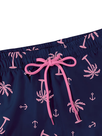 Men's High-Elasticity Quick-Dry Compression Swim Shorts 2-in-1 with Phone Storage Pocket & Tropical Palm Print