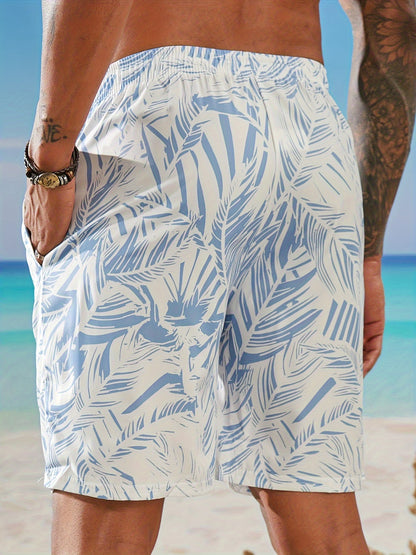Men's Quick-Dry Hawaiian Swim Trunks with Adjustable Elastic Waist & Anti-Slip Pockets - Lightweight Beach Shorts, 95% Polyester 5% Spandex, Shark Print Design for Surfing, Swimming & Summer Activities, Surfing Essentials, Pl