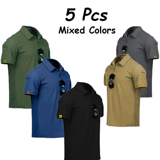 5Pcs Men's Casual Street Short-Sleeved Lapel Polo Shirts Quick-Drying T-Shirt