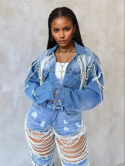 Women's Embroidered Denim Jacket with Pearl Chains, Handmade Beaded Casual Jacket Coat for Women Streetwear Spring/Summer Fashio