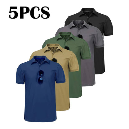 5Pcs Men's Casual Street Short-Sleeved Lapel Polo Shirts Quick-Drying T-Shirt