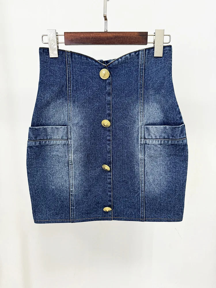 Women'S Double Breasted Slim Fit Denim Blazer Long Sleeve Jean Jacket High Waisted Pencil Mini Skirt Set