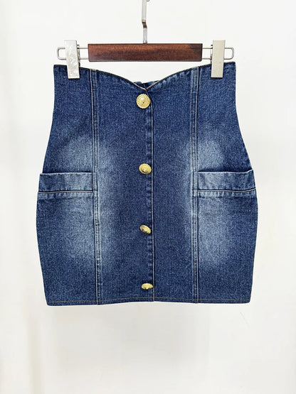 Women'S Double Breasted Slim Fit Denim Blazer Long Sleeve Jean Jacket High Waisted Pencil Mini Skirt Set