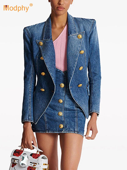 Women'S Double Breasted Slim Fit Denim Blazer Long Sleeve Jean Jacket High Waisted Pencil Mini Skirt Set