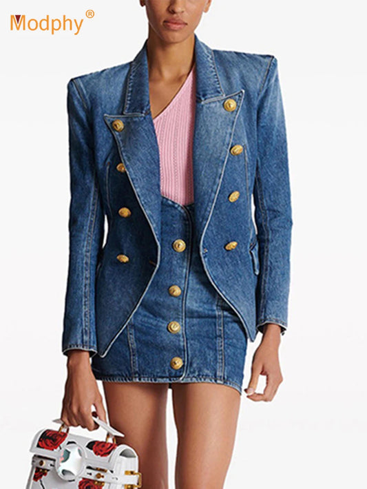 Women'S Double Breasted Slim Fit Denim Blazer Long Sleeve Jean Jacket High Waisted Pencil Mini Skirt Set