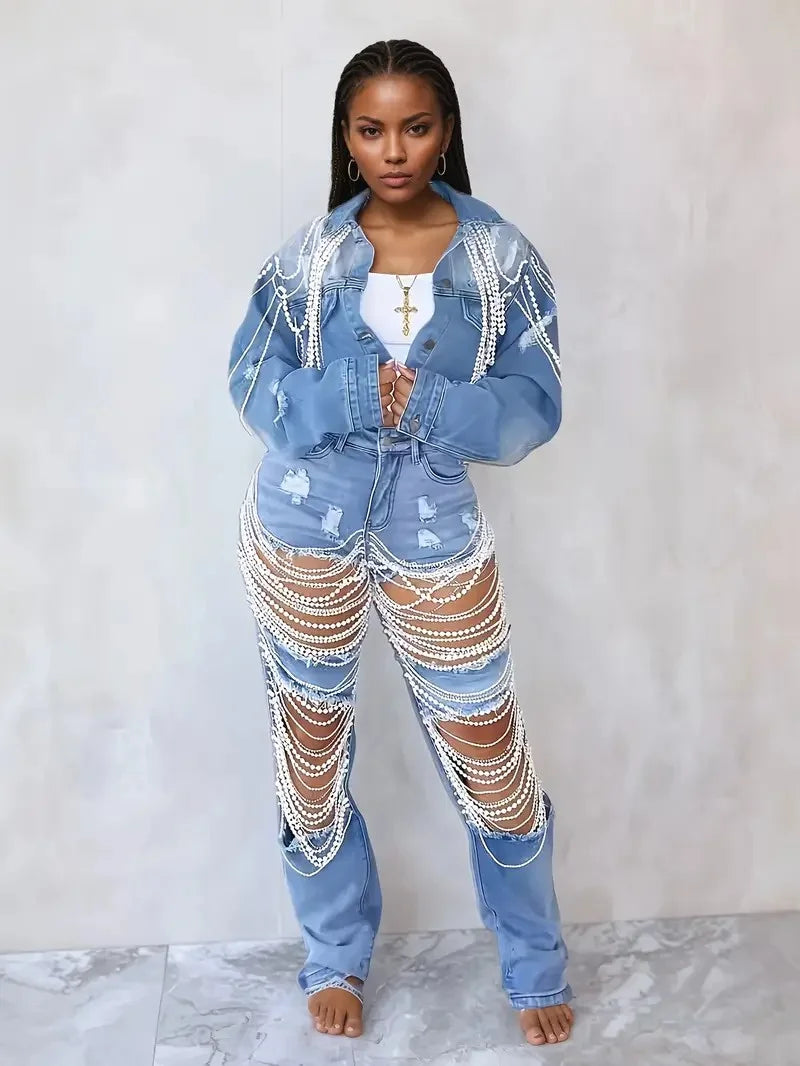 Women's Embroidered Denim Jacket with Pearl Chains, Handmade Beaded Casual Jacket Coat for Women Streetwear Spring/Summer Fashio