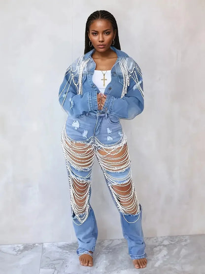 Women's Embroidered Denim Jacket with Pearl Chains, Handmade Beaded Casual Jacket Coat for Women Streetwear Spring/Summer Fashio