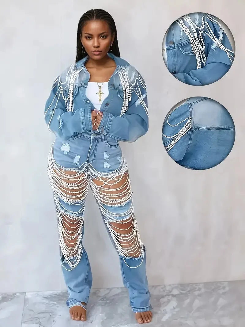 Women's Embroidered Denim Jacket with Pearl Chains, Handmade Beaded Casual Jacket Coat for Women Streetwear Spring/Summer Fashio