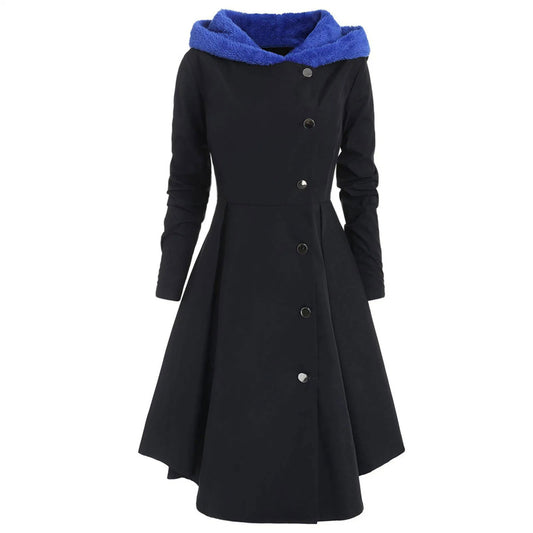 Asymmetric Fleece Hooded Single Breasted Long Drap Buttons Coat - Fashionqueene.com-long coat