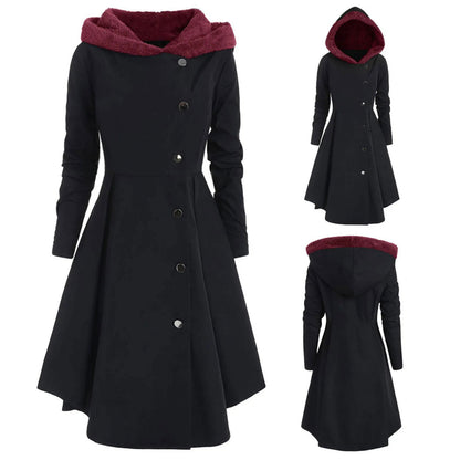 Asymmetric Fleece Hooded Single Breasted Long Drap Buttons Coat - Fashionqueene.com-long coat