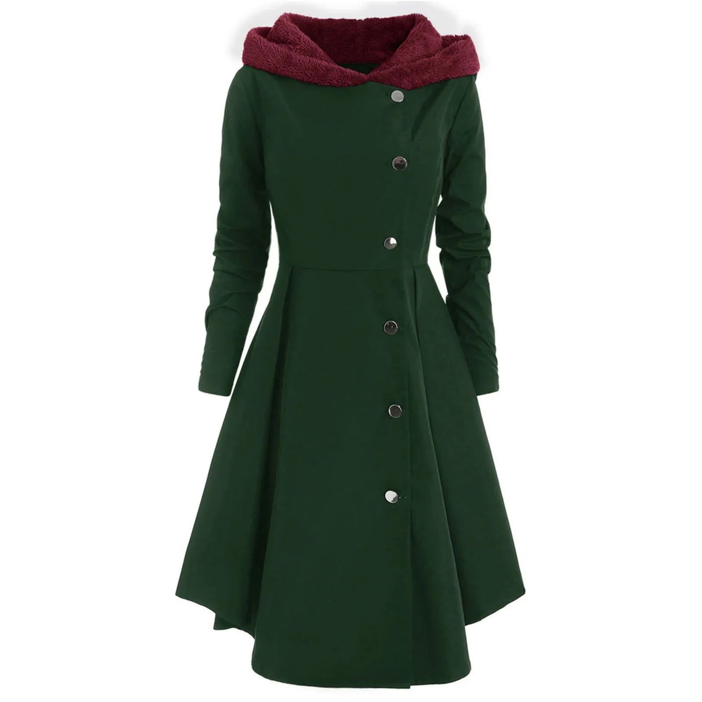 Asymmetric Fleece Hooded Single Breasted Long Drap Buttons Coat - Fashionqueene.com-long coat