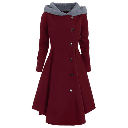 Asymmetric Fleece Hooded Single Breasted Long Drap Buttons Coat - Fashionqueene.com-long coat