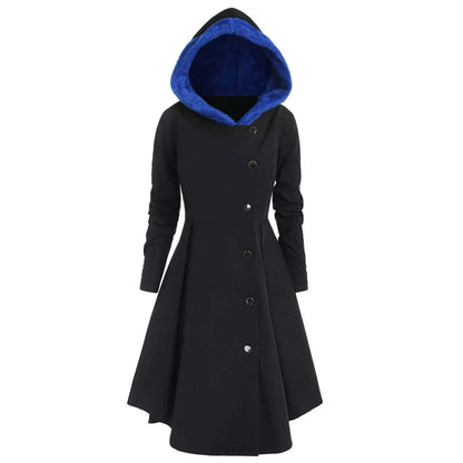 Asymmetric Fleece Hooded Single Breasted Long Drap Buttons Coat - Fashionqueene.com-long coat