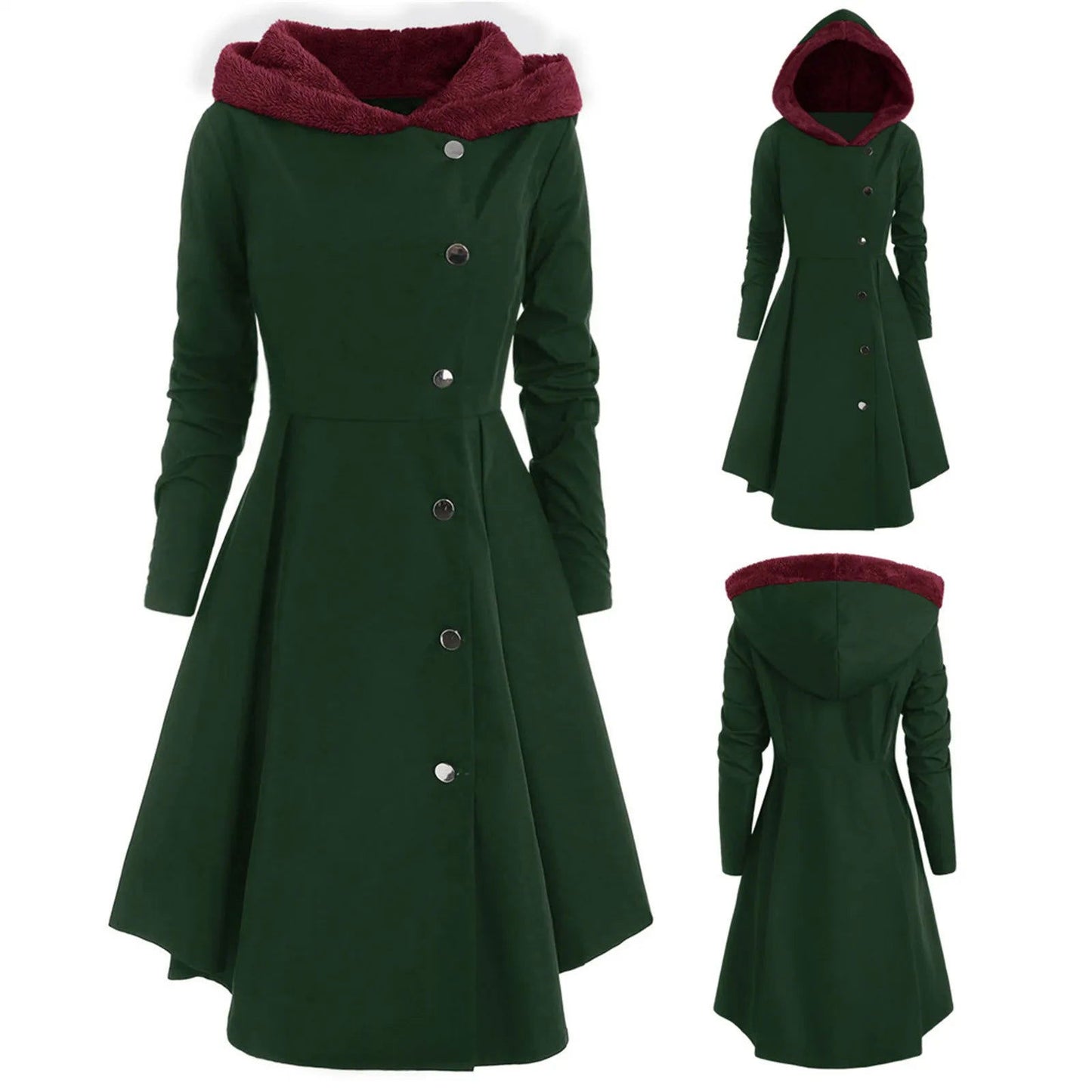 Asymmetric Fleece Hooded Single Breasted Long Drap Buttons Coat - Fashionqueene.com-long coat