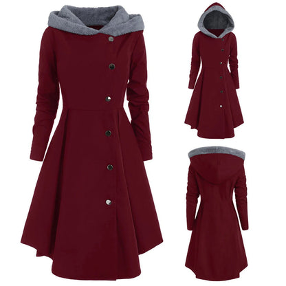 Asymmetric Fleece Hooded Single Breasted Long Drap Buttons Coat - Fashionqueene.com-long coat