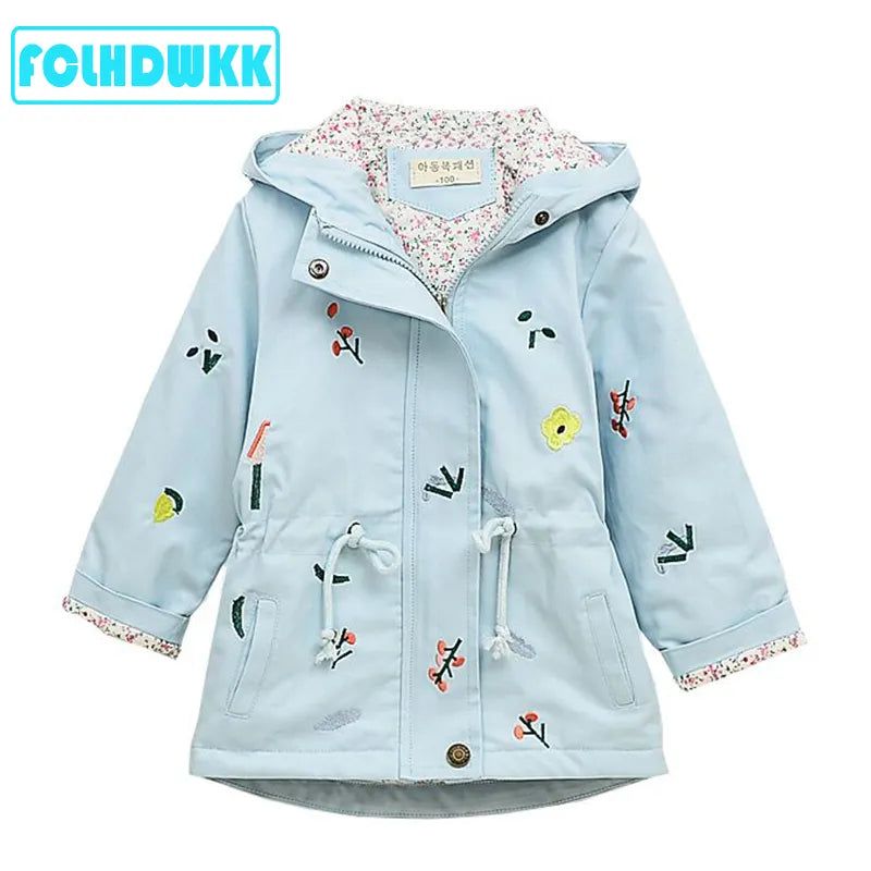 Autumn Girls Windbreaker Coat - Fashionqueene.com-2021 Spring Autumn Girls Windbreaker Coat Jackets Baby Kids Flower Embroidery Hooded Outwear For Baby Kids Coats Jacket Clothing