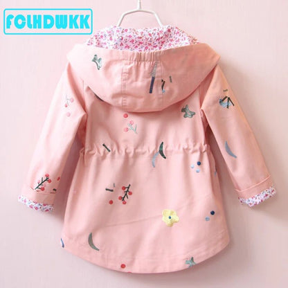 Autumn Girls Windbreaker Coat - Fashionqueene.com-2021 Spring Autumn Girls Windbreaker Coat Jackets Baby Kids Flower Embroidery Hooded Outwear For Baby Kids Coats Jacket Clothing