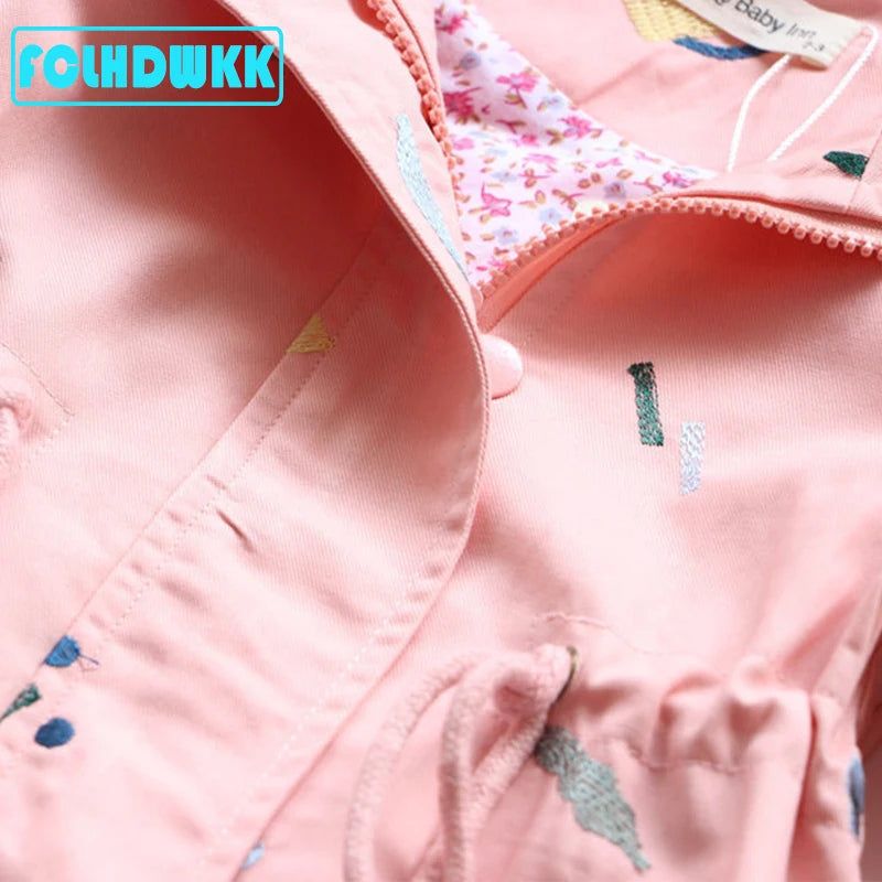 Autumn Girls Windbreaker Coat - Fashionqueene.com-2021 Spring Autumn Girls Windbreaker Coat Jackets Baby Kids Flower Embroidery Hooded Outwear For Baby Kids Coats Jacket Clothing