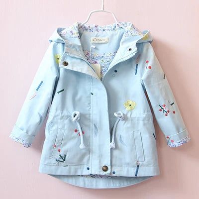 Autumn Girls Windbreaker Coat - Fashionqueene.com-2021 Spring Autumn Girls Windbreaker Coat Jackets Baby Kids Flower Embroidery Hooded Outwear For Baby Kids Coats Jacket Clothing