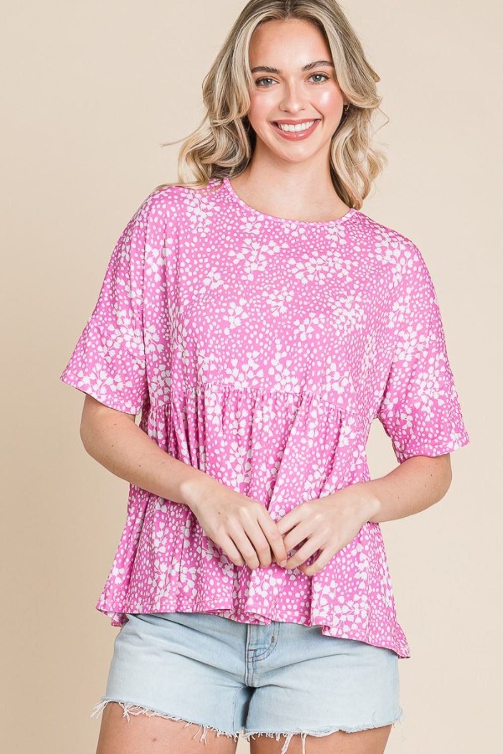 BOMBOM Floral Round Neck Peplum Blouse - Fashionqueene.com-BOMBOM Floral Round Neck Peplum Blouse