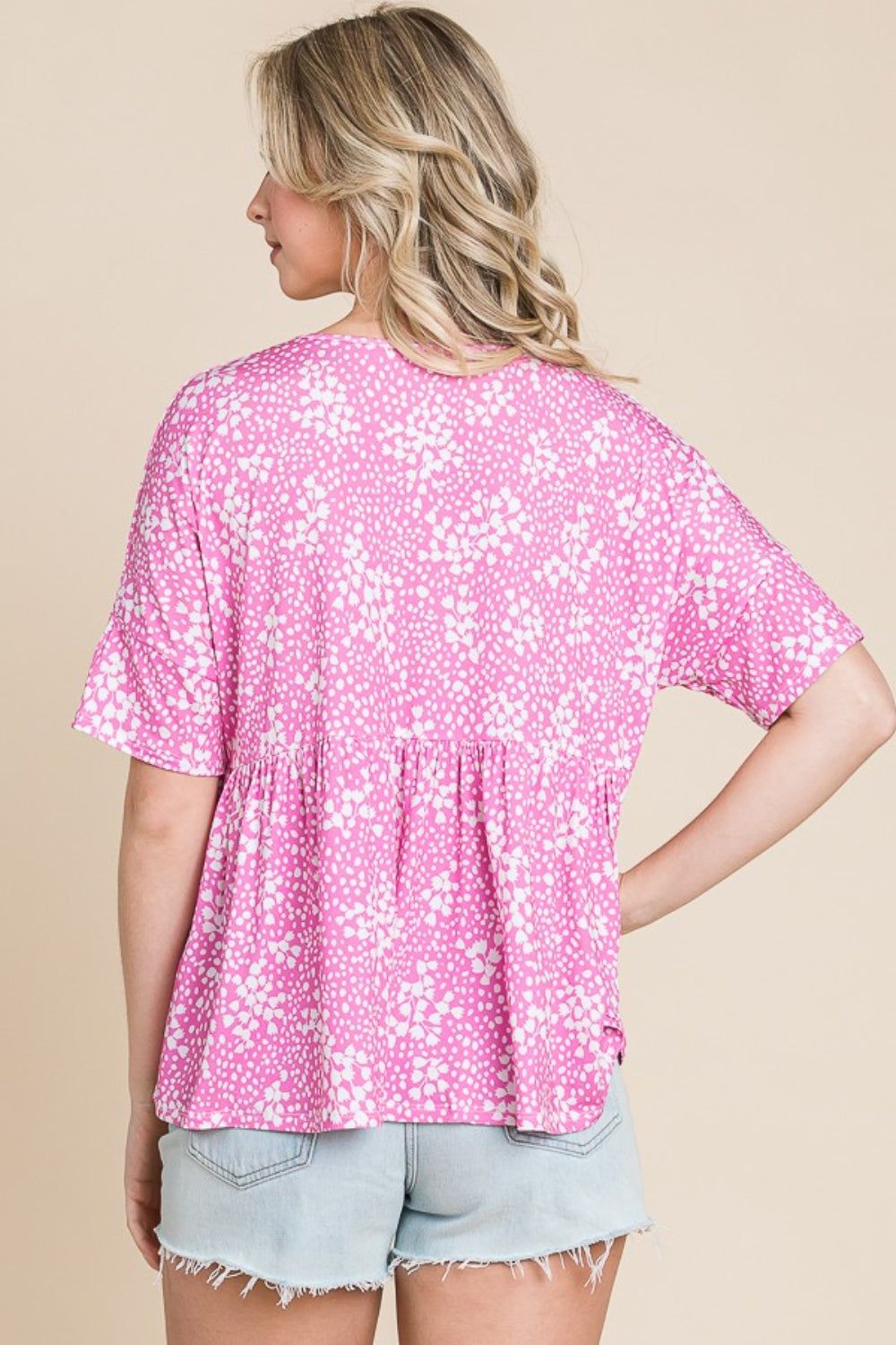 BOMBOM Floral Round Neck Peplum Blouse - Fashionqueene.com-BOMBOM Floral Round Neck Peplum Blouse