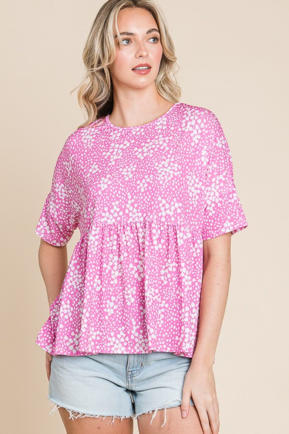 BOMBOM Floral Round Neck Peplum Blouse - Fashionqueene.com-BOMBOM Floral Round Neck Peplum Blouse