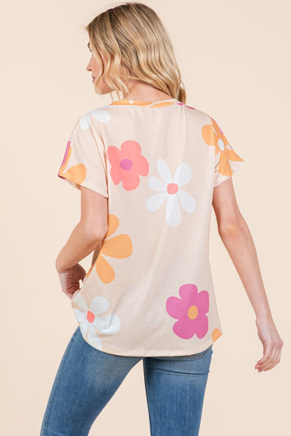 BOMBOM Floral Short Sleeve T-Shirt - Fashionqueene.com-BOMBOM Floral Short Sleeve T-Shirt